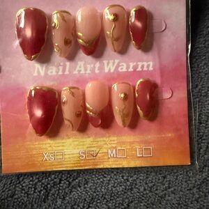 Warm Pink & Burgundy Gold Accent Press-On Nails